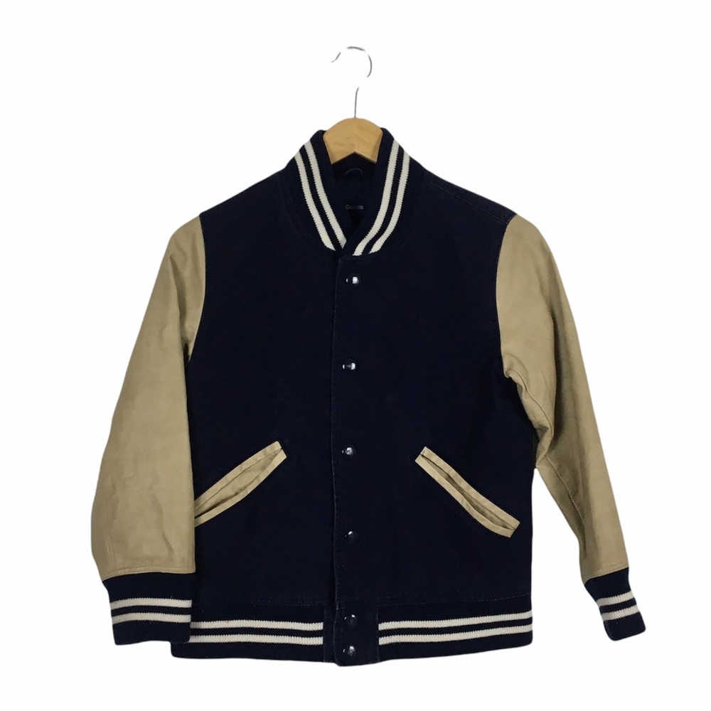 GAP kids navy letterman jacket faux leather sleeve